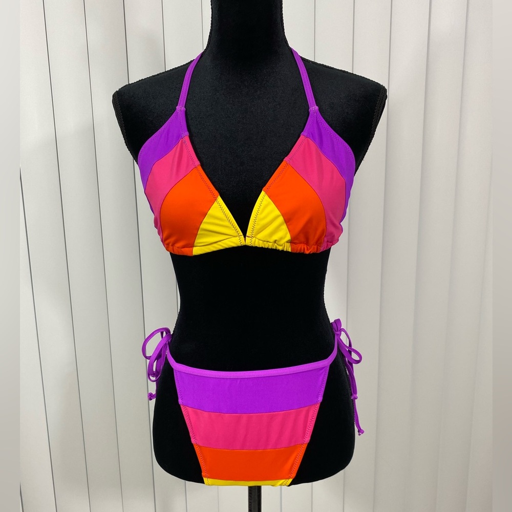 HOROSCOPEZ Vibrant Love Rainbow Stripe Bikini Swimsuit Tie Up Purple Pink XXL